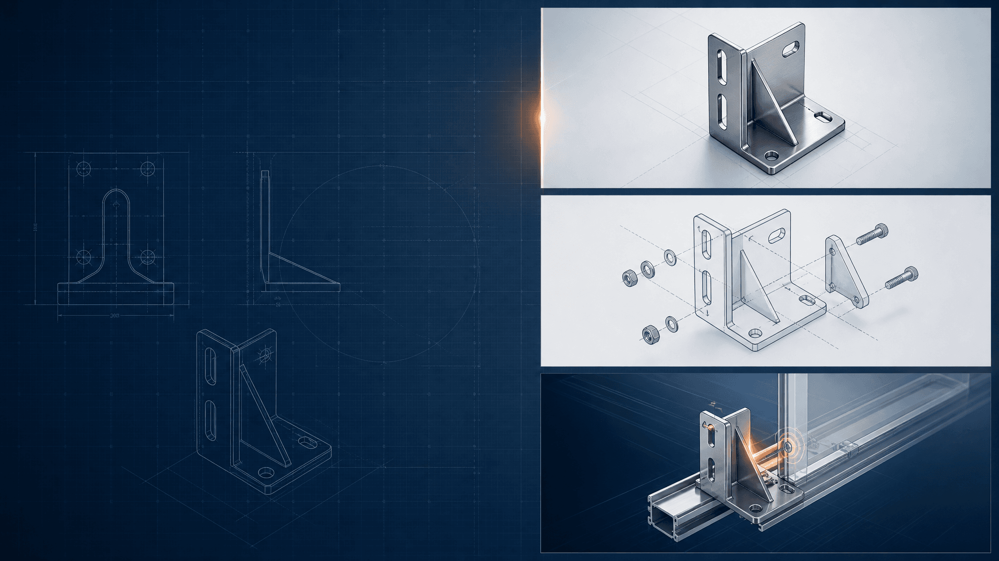Blueprint grid with a stainless bracket concept render, exploded assembly, and a how-it-works explainer frame